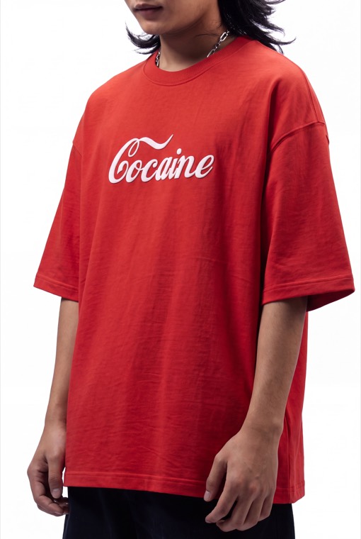 Red tee on a model